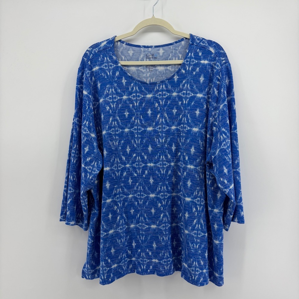 Croft & Barrow Womens 3X Blue Ikat Knit 3/4 Sleeve Scoop Neck Top Side Slits